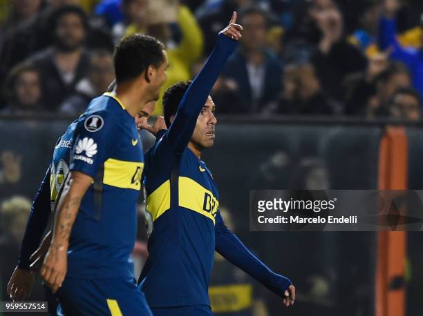 Carlos Tevez of Boca Juniors celebrates after scoring the fifth goal of his team during a match between Boca Juniors and Alianza Lima at Alberto J....