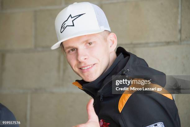 Niki Tuuli of Finland and SIC Racing Team smiles in box during the MotoGp of France - Previews on May 17, 2018 in Le Mans, France.