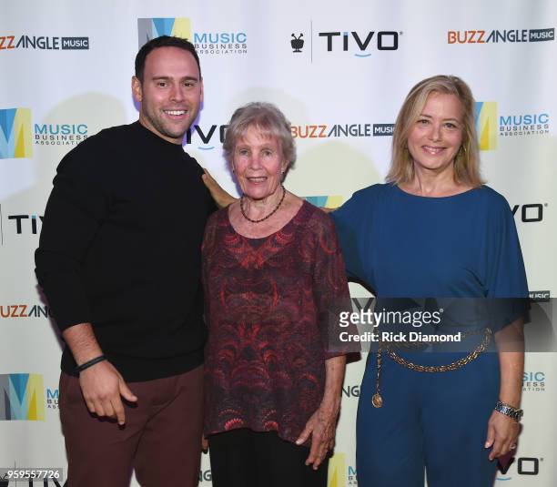 Owner of School Boy Records and RBMG, Scooter Braun, Sandra Chapin and Hilary Rosen take photos before the Music Biz 2018 Awards Luncheon for the...