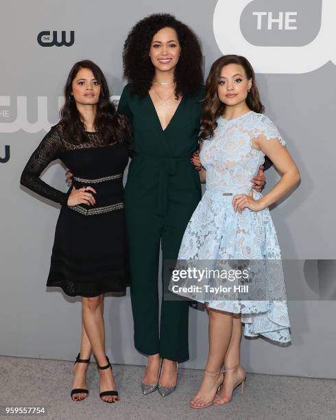 Melonie Diaz, Madeleine Mantock, and Sarah Jeffery attend the 2018 CW Network Upfront at The London Hotel on May 17, 2018 in New York City.