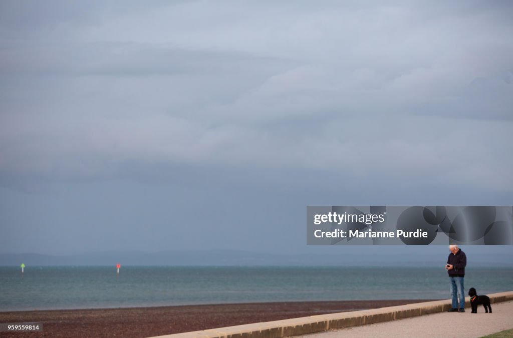 Man walking dog on pathway near seaside