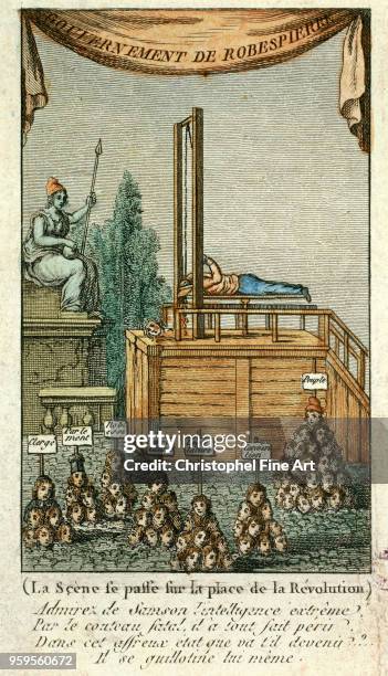 The executioner guillotines itself, satirical engraving against Robespierre 1794, Anonymous, Musee Carnavalet,, France.