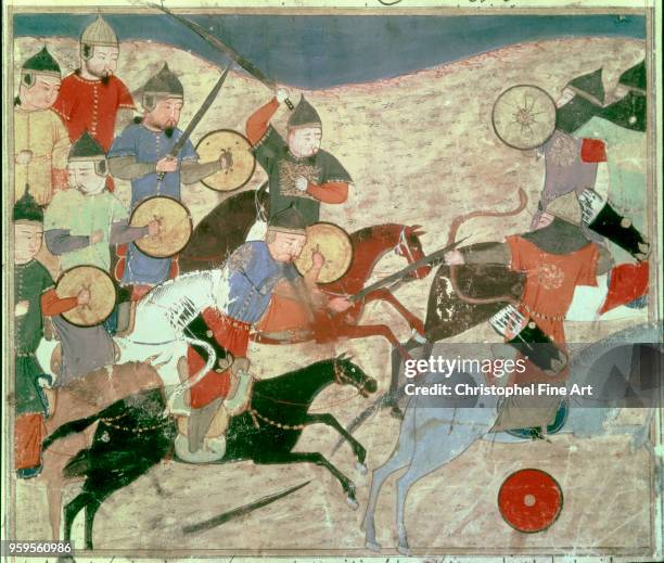 Mongol warriors, escape of Nogai, Rashid Al Din , Bibliotheque Nationale de France in Paris, Persian.