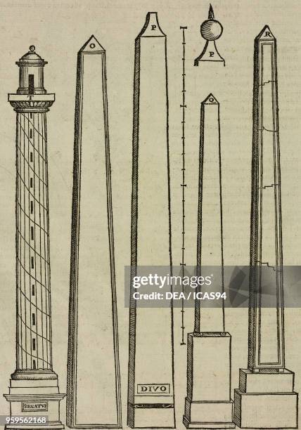 Trajan's column, Lateran obelisk, Vatican obelisk, Montecitorio obelisk, Antonino Caracalla's obelisk, Rome, Italy, engraving from Sebastiani Serlii...