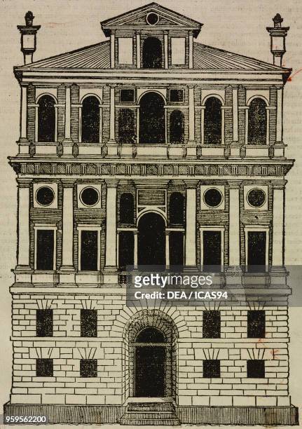 Facade of a Doric-style building, engraving from Sebastiani Serlii Bononiensis De Architectura libri quinque , published by Francesco de Franceschi...