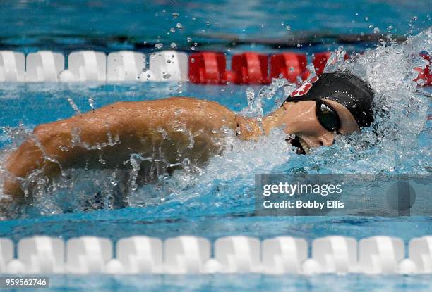 Katie Ledecky swims in the women's 400 meter freestyle prliminary race during the TYR Pro Swim Series at Indiana University Natatorium on May 17,...