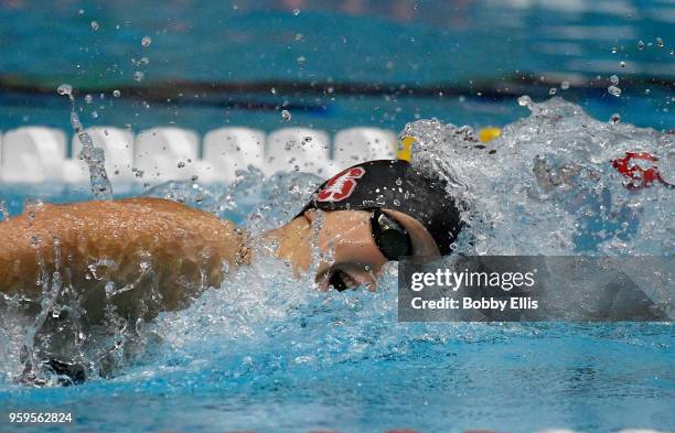 Katie Ledecky swims in the women's 400 meter freestyle prliminary race during the TYR Pro Swim Series at Indiana University Natatorium on May 17,...