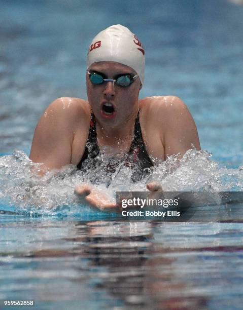 Lilly King races in the women's 200 meter breaststroke preliminary race during the TYR Pro Swim Series at Indiana University Natatorium on May 17,...