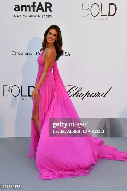 Brazilian model Alessandra Ambrosio arrives on May 17, 2018 for the amfAR 25th Annual Cinema Against AIDS gala at the Hotel du Cap-Eden-Roc in Cap...