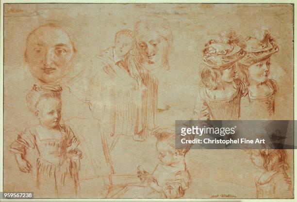 Pierrot mask, five girls in bust, a man drapes and a woman's face , Watteau Jean Antoine , Louvre Museum, France.