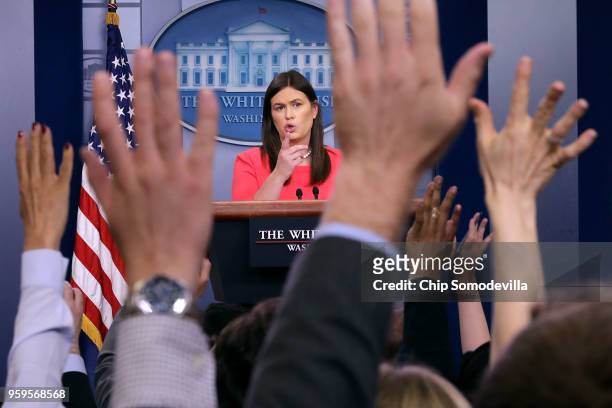 White House Press Secretary Sarah Huckabee Sanders conducts the daily news conference in the Brady Press Briefing Room at the White House May 17,...