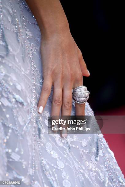 Rose Bertram,jewelry detail, attends the screening of "Capharnaum" during the 71st annual Cannes Film Festival at Palais des Festivals on May 17,...