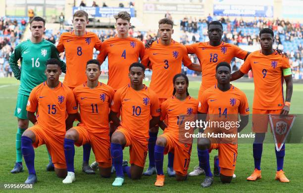 Netherlands line up against the England during the UEFA European Under-17 Championship Semi Final match between England and the Netherlands at the...