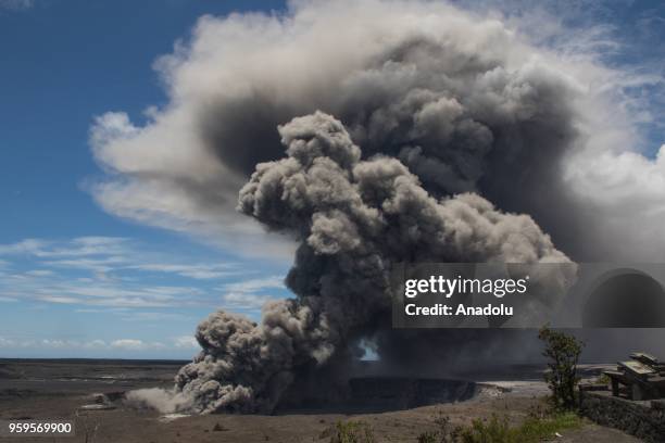 Ash plume rises following a massive volcano eruption on Kilauea volcano in Hawaii, United States on May 15, 2018. Lava is spewing more than 60 metres...