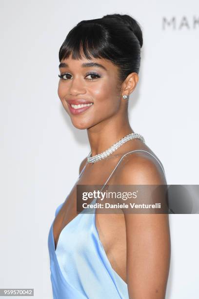 Laura Harrier arrives at the amfAR Gala Cannes 2018 at Hotel du Cap-Eden-Roc on May 17, 2018 in Cap d'Antibes, France.