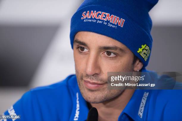 Andrea Iannone of Italy and Team Suzuki ECSTAR smiles during the press conference during the MotoGp of France - Previews on May 17, 2018 in Le Mans,...
