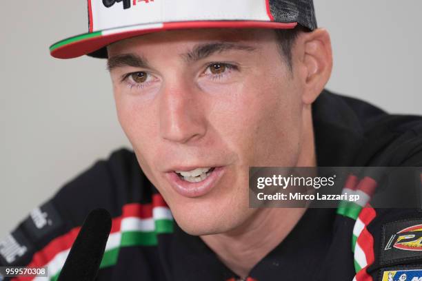 Aleix Espargaro of Spain and Aprilia Racing Team Gresini speaks during the press conference during the MotoGp of France - Previews on May 17, 2018 in...