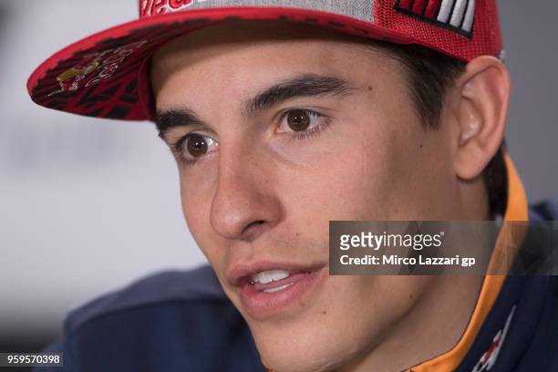 Marc Marquez of Spain and Repsol Honda Team looks on during the press conference during the MotoGp of France - Previews on May 17, 2018 in Le Mans,...
