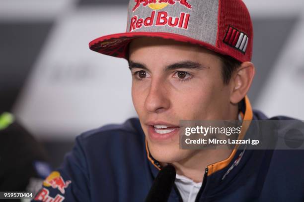 Marc Marquez of Spain and Repsol Honda Team speaks during the press conference during the MotoGp of France - Previews on May 17, 2018 in Le Mans,...