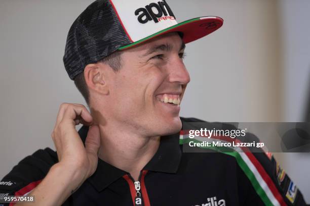 Aleix Espargaro of Spain and Aprilia Racing Team Gresini smiles during the press conference during the MotoGp of France - Previews on May 17, 2018 in...