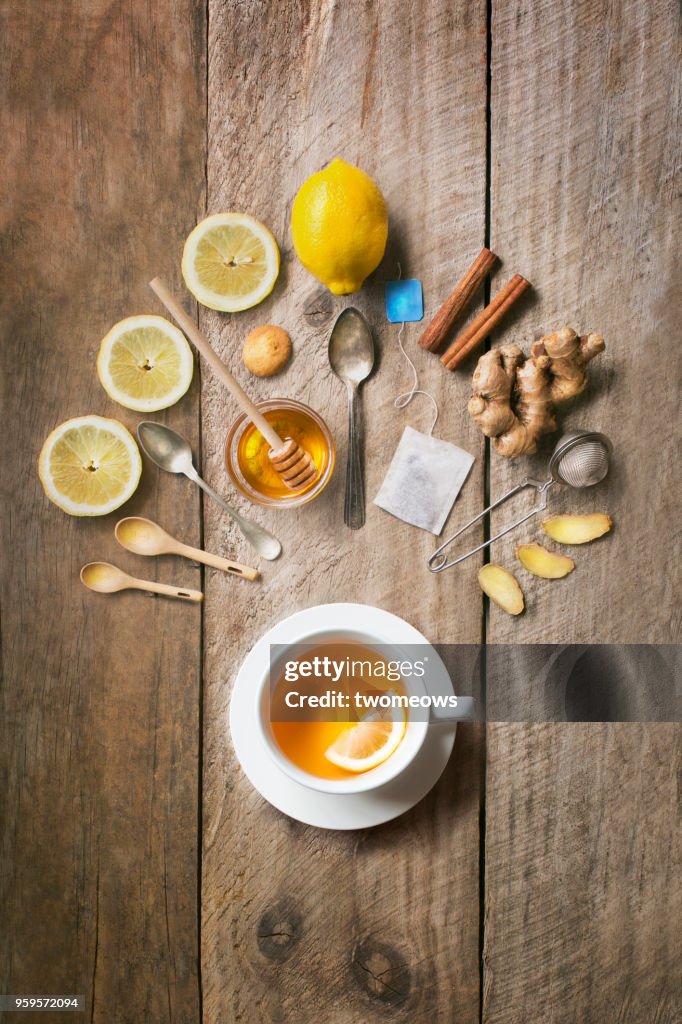 Flat lay of honey lemon ginger tea.