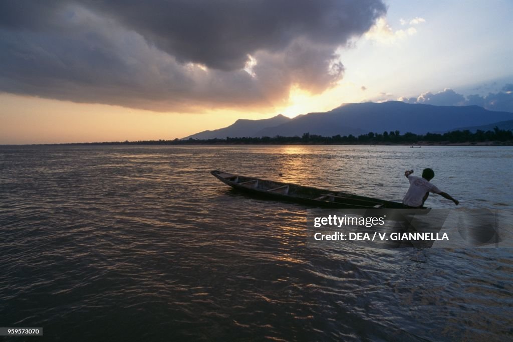 Boat at sunset on Mekong River