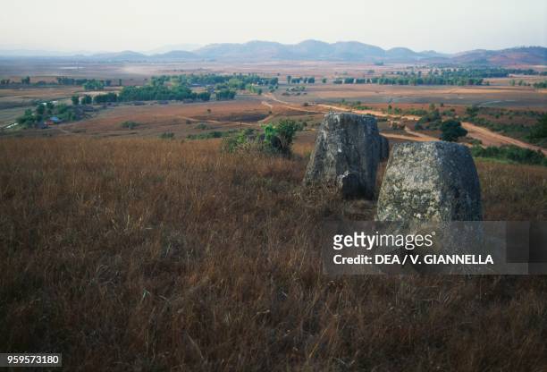 View of the archaeological site of the Plain of Jars, plateau of Xiangkhoang, Laos.