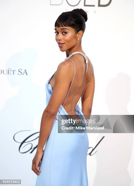 Laura Harrier arrives at the amfAR Gala Cannes 2018 at Hotel du Cap-Eden-Roc on May 17, 2018 in Cap d'Antibes, France.