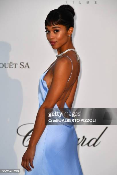 Actress Laura Harrier arrives on May 17, 2018 for the amfAR 25th Annual Cinema Against AIDS gala at the Hotel du Cap-Eden-Roc in Cap d'Antibes,...