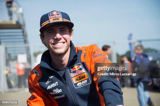 Brad Binder of South Africa and Red Bull KTM Ajo smiles in pit during the MotoGp of France - Previews on May 17, 2018 in Le Mans, France.