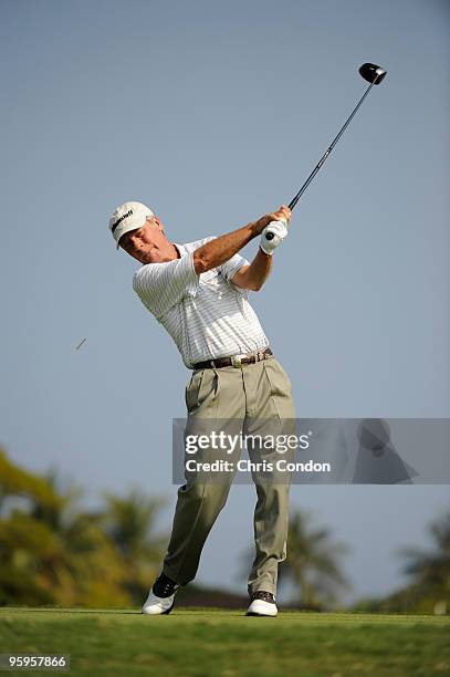 Ben Crenshaw tees off on during the first round of the Mitsubishi Electric Championship at Hualalai held at Hualalai Golf Club on January 22, 2010 in...