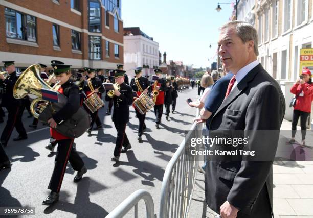 Nigel Farage watches the Royal Wedding carriage procession rehearsal on May 17, 2018 in Windsor, England. Preparations continue in the town for the...