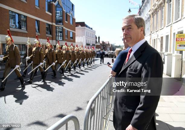 Nigel Farage watches the Royal Wedding carriage procession rehearsal on May 17, 2018 in Windsor, England. Preparations continue in the town for the...