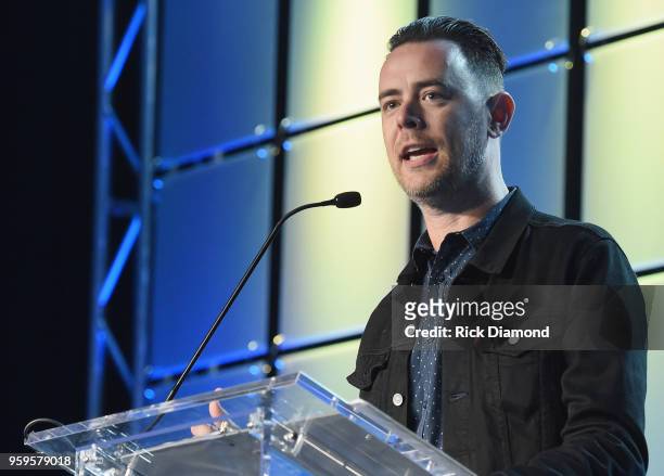 Actor Colin Hanks speaks onstage during the Music Biz 2018 Awards Luncheon for the Music Business Association on May 17, 2018 in Nashville, Tennessee.