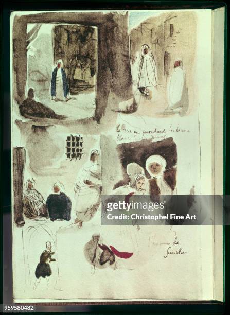 Album of North Africa and Spain: Streets, walls and shops with characters standing or sitting with the man from Smyrna 1832, Delacroix Eugene ,...