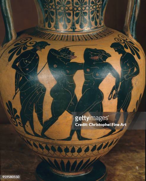Neck amphora, last quarter of the sixth century, black figure decoration, Leagros Group - boxing, Greek Art, Louvre Museum, Greece.
