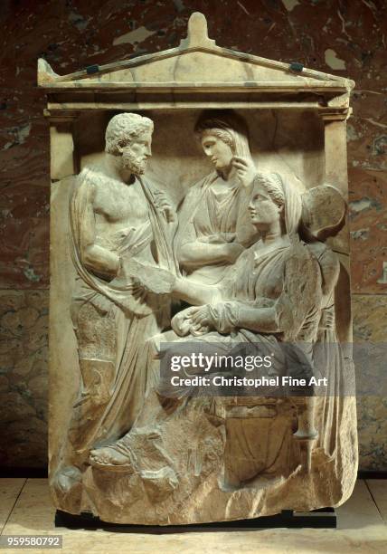 Funeral stele of phainippos and Mnesarete family reunion, Attic style, Marble, Greek Art, Louvre Museum, Greece.