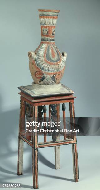 Painted vase on wheel - terracotta and painted wood , Egyptian Art, Louvre Museum, Egypt.