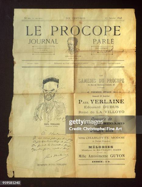 Procopie's diary of January 17 portrait of Paul Verlaine by himself, French Art, Cafe Le Procope in Paris, France.