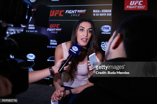 Women's strawweight contender Tatiana Suarez of the United States speaks to the media during Ultimate Media Day on May 17, 2018 in Santiago, Chile.
