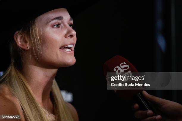 Women's flyweight contender Andrea Lee of the United States speaks to the media during Ultimate Media Day on May 17, 2018 in Santiago, Chile.