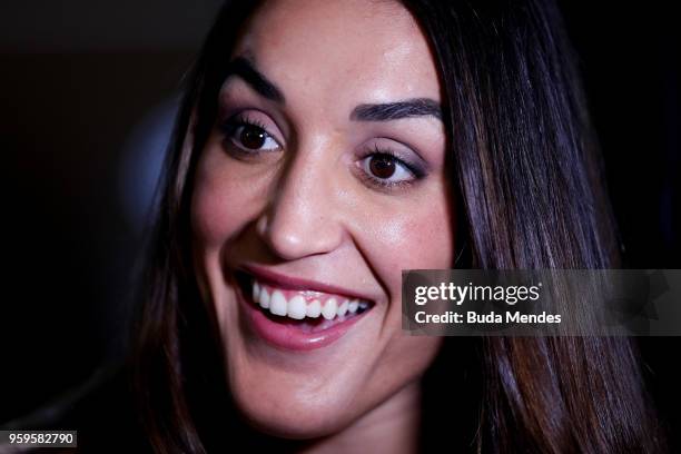 Women's strawweight contender Tatiana Suarez of the United States speaks to the media during Ultimate Media Day on May 17, 2018 in Santiago, Chile.