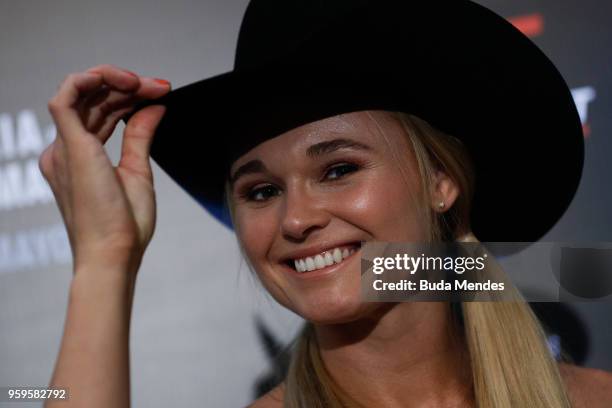 Women's flyweight contender Andrea Lee of the United States poses for photographers during Ultimate Media Day on May 17, 2018 in Santiago, Chile.