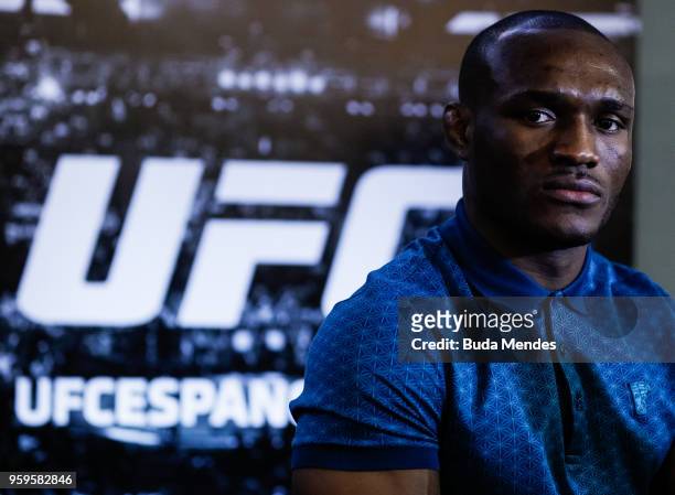 Men's welterweight contender Kamaru Usman of Nigeria speaks to the media during Ultimate Media Day on May 17, 2018 in Santiago, Chile.