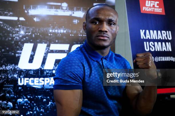 Men's welterweight contender Kamaru Usman of Nigeria speaks to the media during Ultimate Media Day on May 17, 2018 in Santiago, Chile.