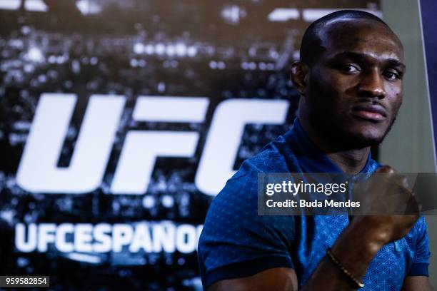 Men's welterweight contender Kamaru Usman of Nigeria poses for photographers during Ultimate Media Day on May 17, 2018 in Santiago, Chile.