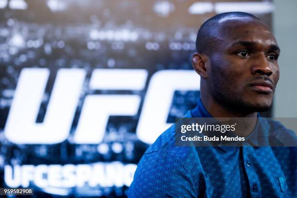 Men's welterweight contender Kamaru Usman of Nigeria speaks to the media during Ultimate Media Day on May 17, 2018 in Santiago, Chile.