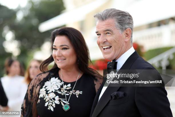 Pierce Brosnan and his wife Keely Shaye Smith attend the cocktail at the amfAR Gala Cannes 2018 at Hotel du Cap-Eden-Roc on May 17, 2018 in Cap...