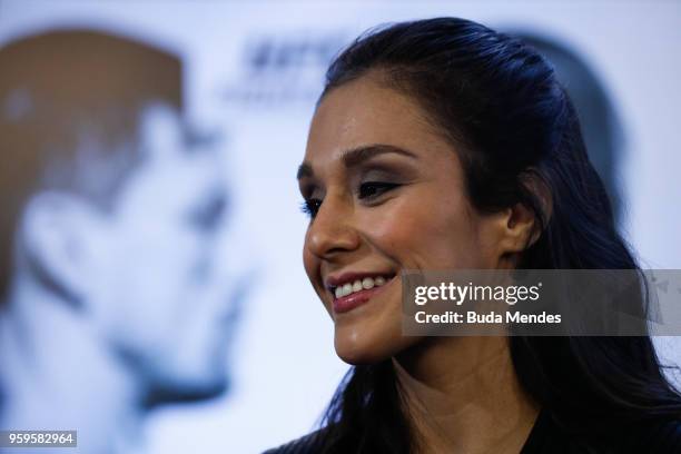 Women's strawweight contender Alexa Grasso of Mexico speaks to the media during Ultimate Media Day on May 17, 2018 in Santiago, Chile.