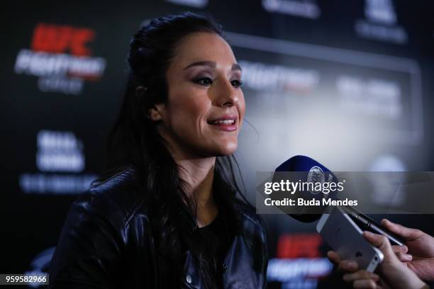 Women's strawweight contender Alexa Grasso of Mexico speaks to the media during Ultimate Media Day on May 17, 2018 in Santiago, Chile.